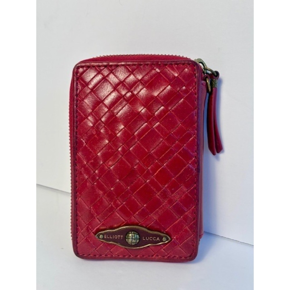 Elliott Lucca Red Woven Leather Zip Around Wallet Phone Pocket Boho Clutch